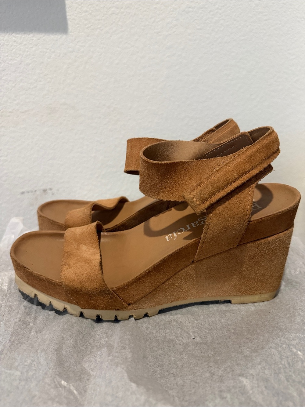 Pedro Garcia Yuval Cognac Suede Wedge Sandals with Ankle Strap
